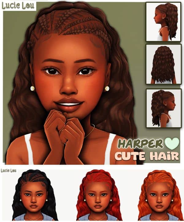 Female child Sim with front braids and a long wavy high ponytail.