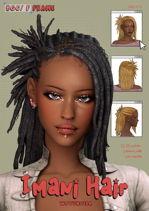 black female Sim with shoulder-length locs in a half-up side updo