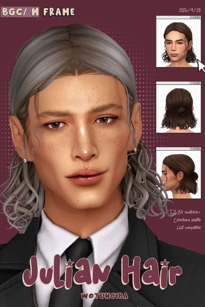 male Sim with bob length hairstyle styled into a partial updo bun