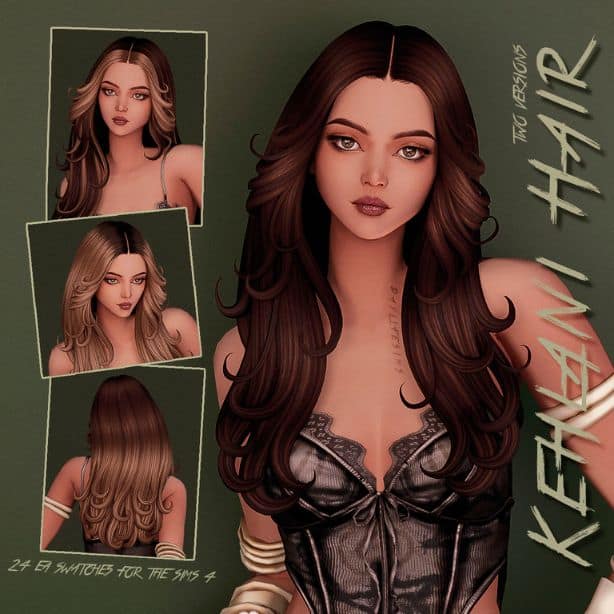 female Sim with long, voluminous layered hair with a center part and dramatic feathered curls