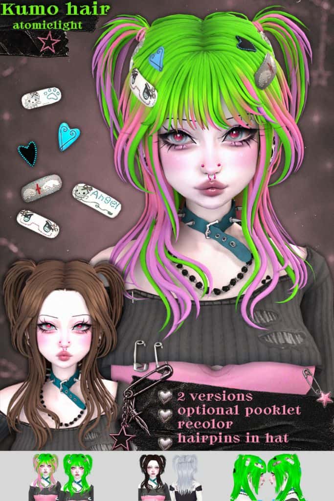 alt female Sims with colorful pigtails, hairclips and hair ties