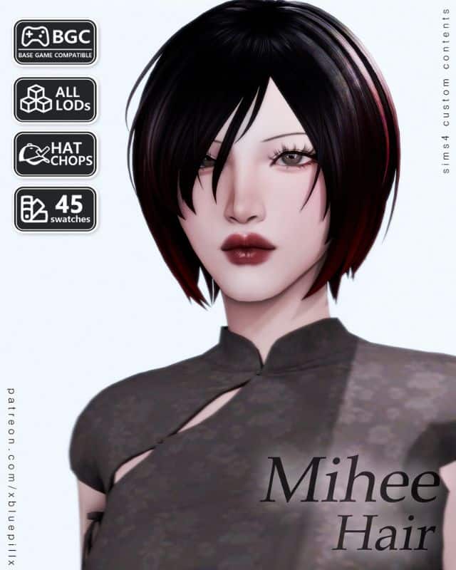 female Sim with a short, bob hairstyle with strands covering the face