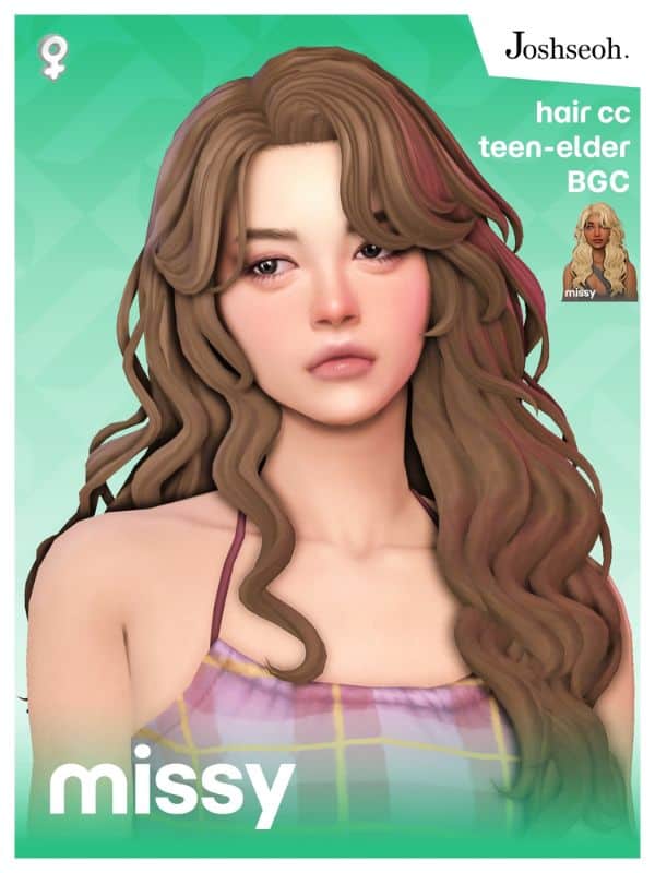 female Sim with long wavy hair with bangs