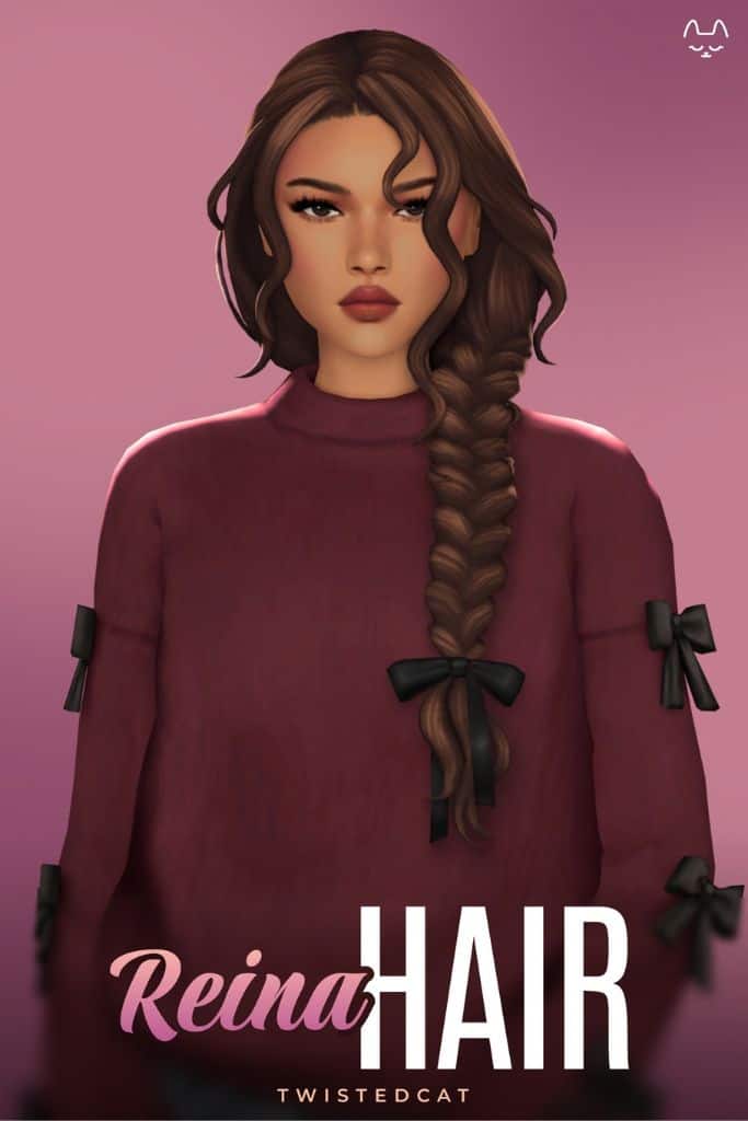 female Sim with a long braid with a black bow at the end