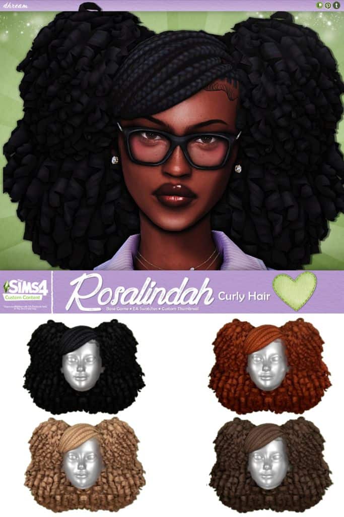 black female Sim with two curly ponytails with braided bangs