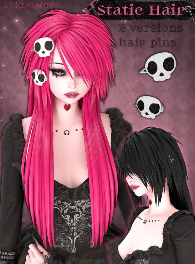 alt female Sims with straight layered hair with skull hair pins
