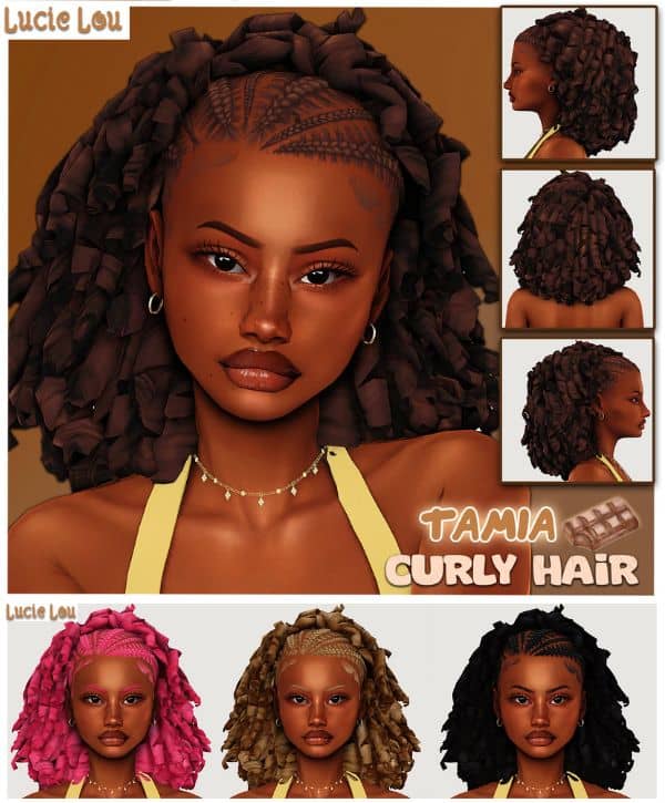 black female Sim with shoulder-length curly hair and braids at the crown