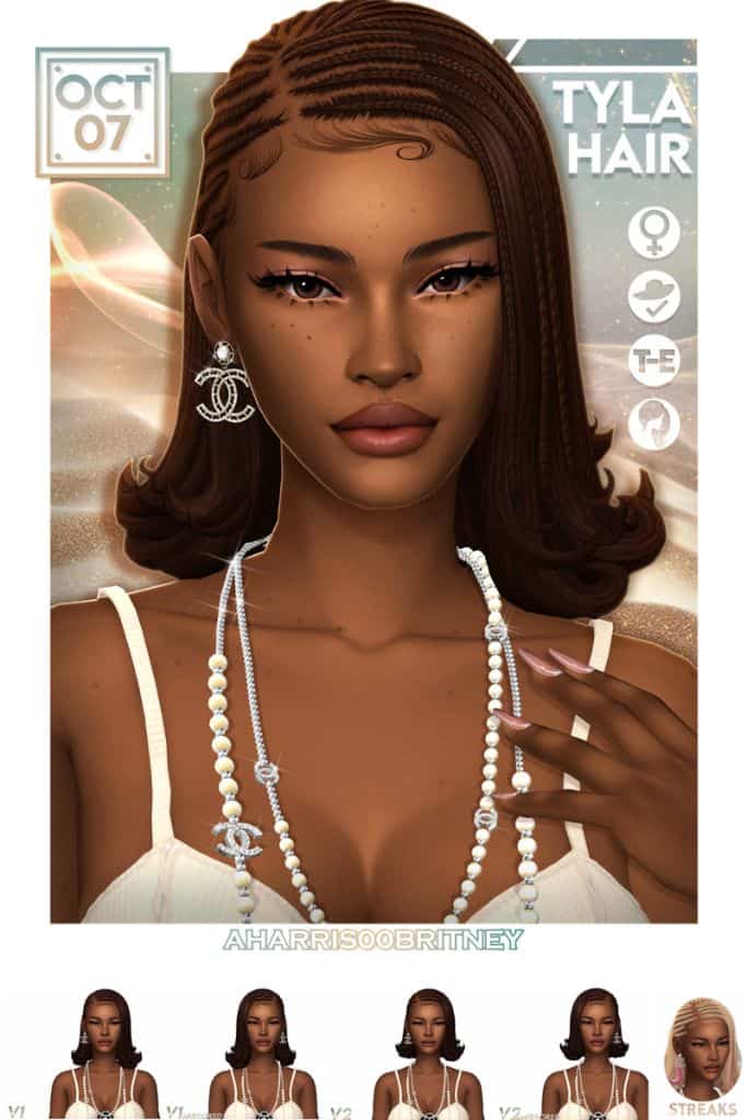black female Sim with a shoulder-length hairstyle with side-swept cornrow-style braids
