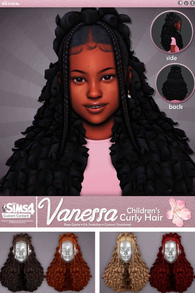 black female child Sim with a long curly partial updo hairstyle