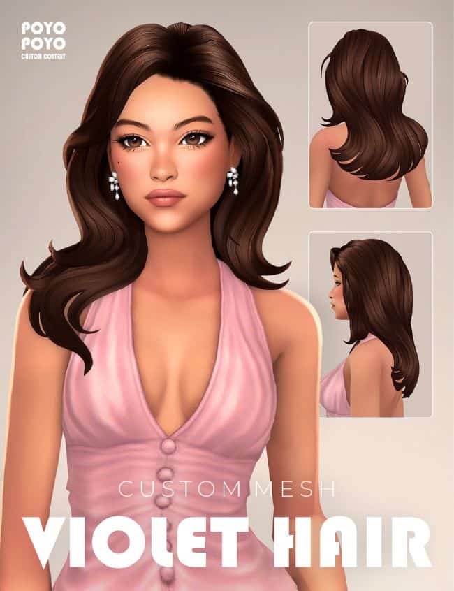 Female Sim with long, voluminous layered hair with an off-center part, soft sweeping front layers, and large flipped ends that curve outward around the shoulders and back.