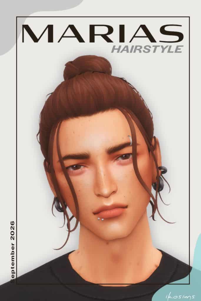 male sim with a top bun and loose face-framing strands