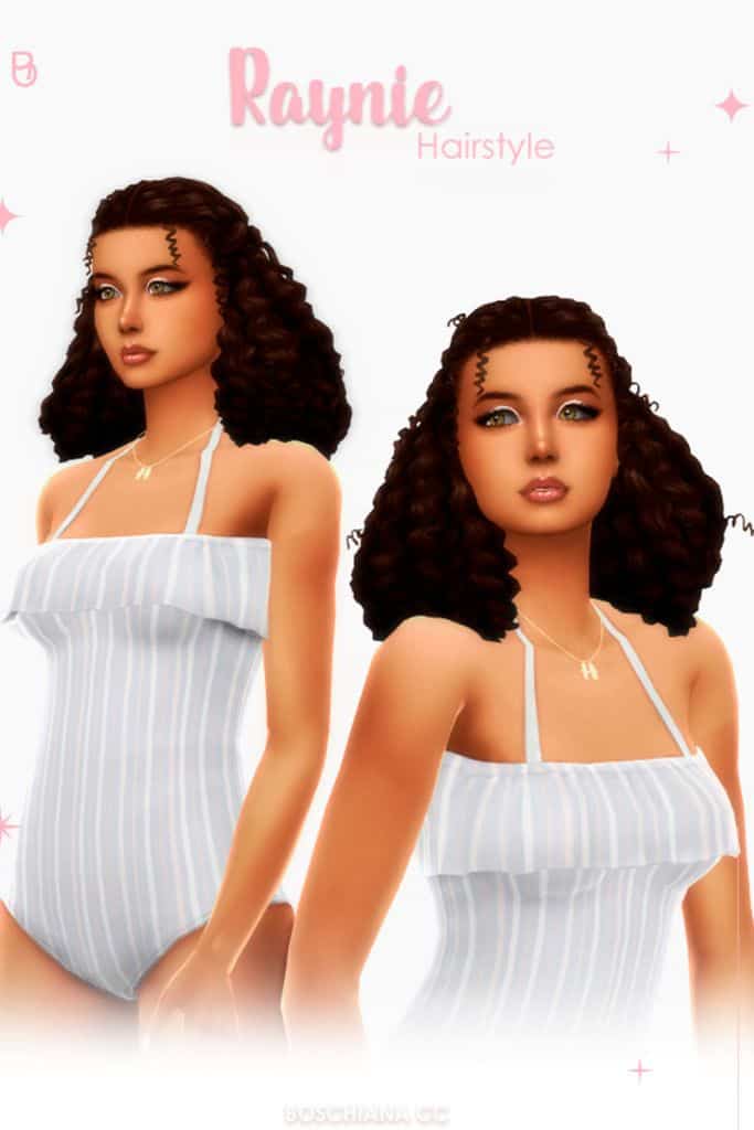 female Sims with shoulder-length, thick curly hair
