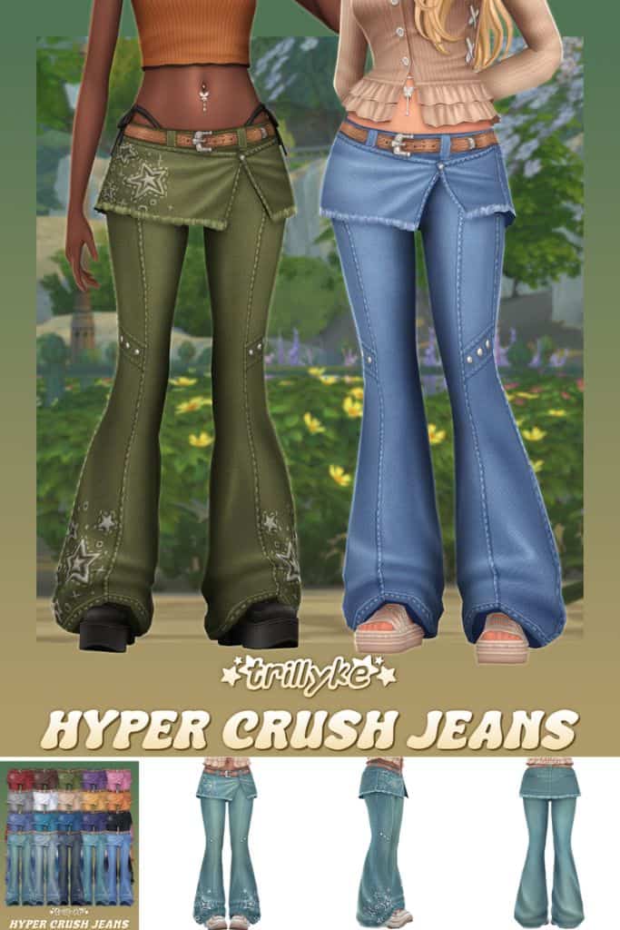 close up of two female Sims wearing flared denim jeans with a wrap around skirt and belt