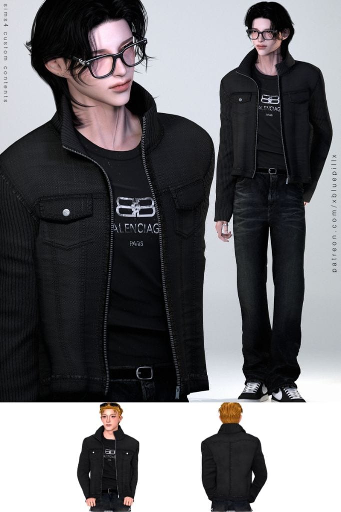 male Sims wearing black denim knit jackets