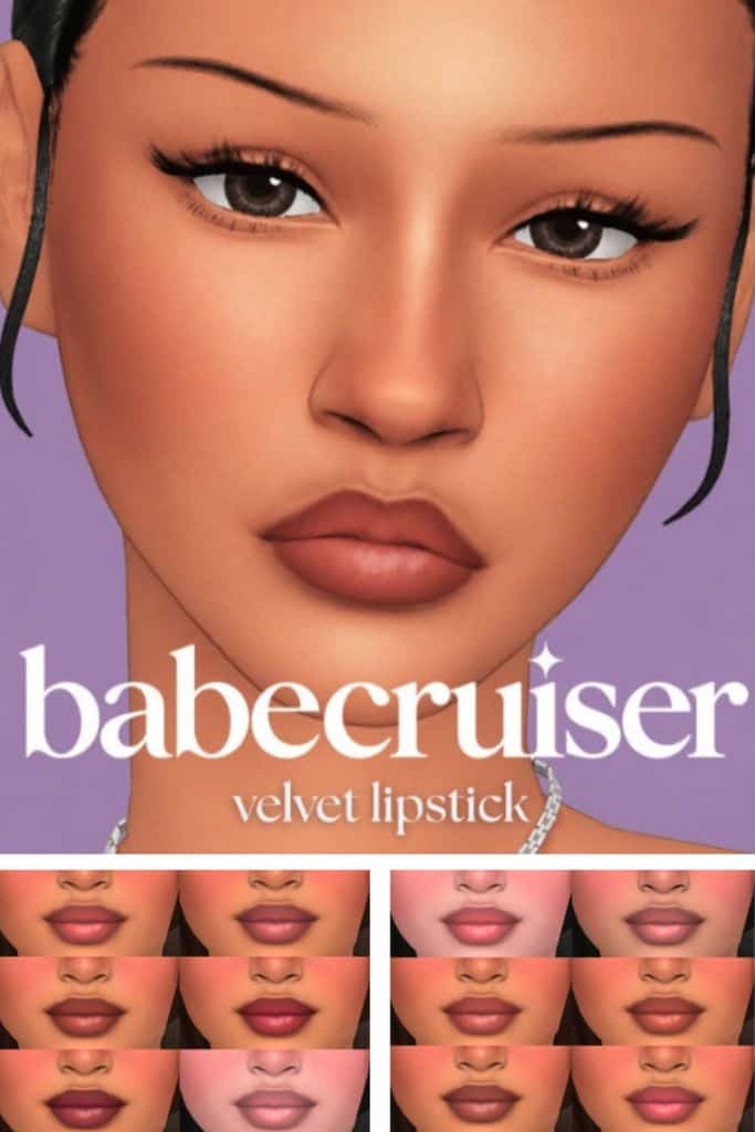 female Sim wearing a light brown velvet-like lipstick and more shades shown in a table