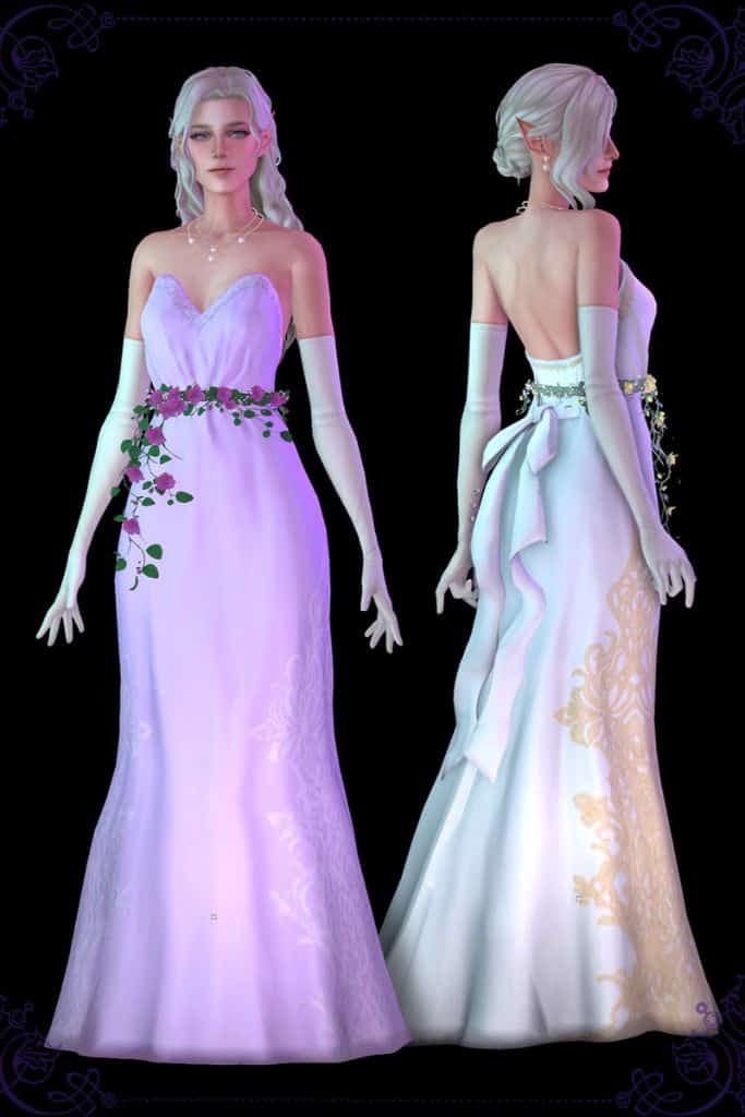two female Sims wearing gowns with a flower belt and long white gloves