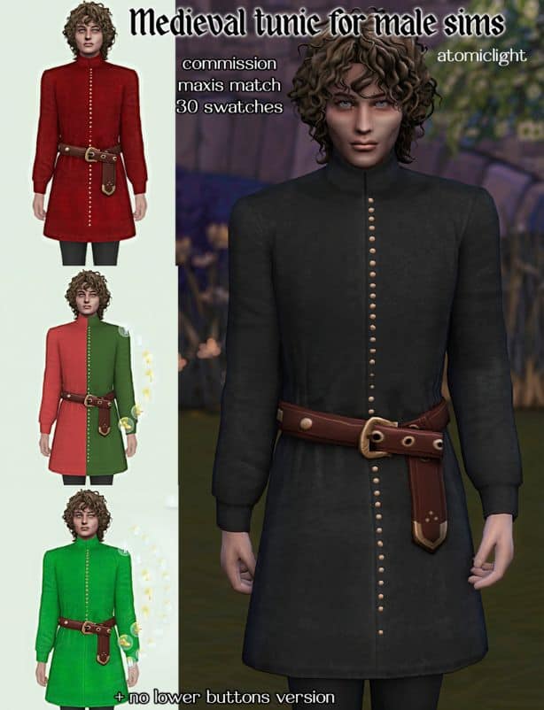 male Sims wearing medieval tunics in different colors