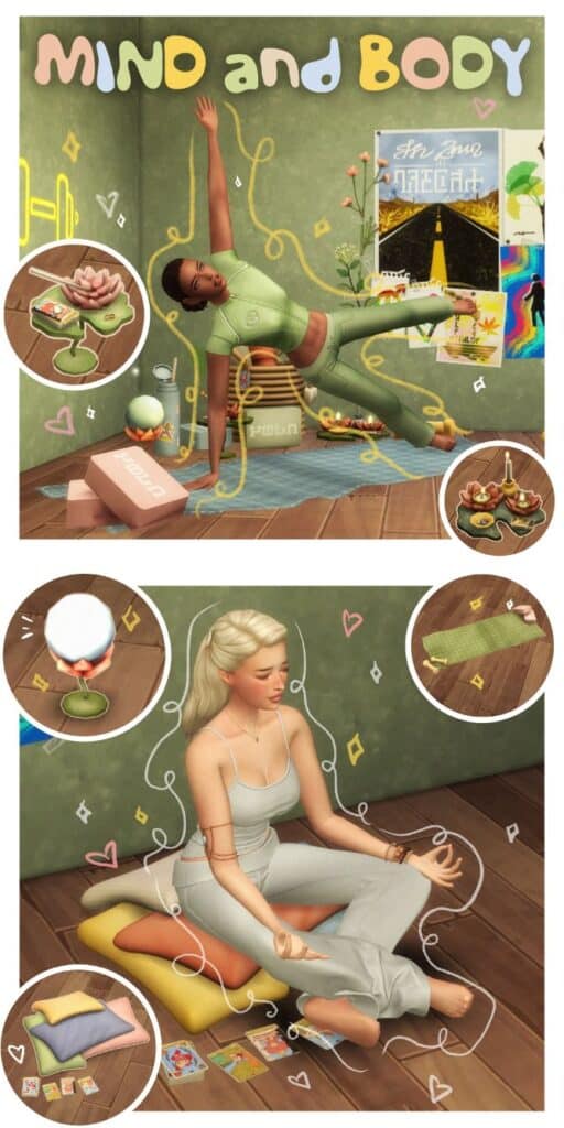female Sims doing yoga and mediating