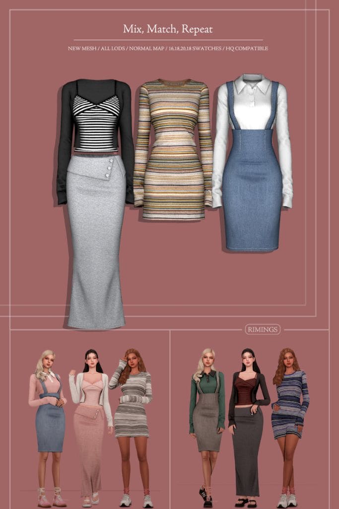three female Sims wearing long-sleeve tops, skirts and dresses