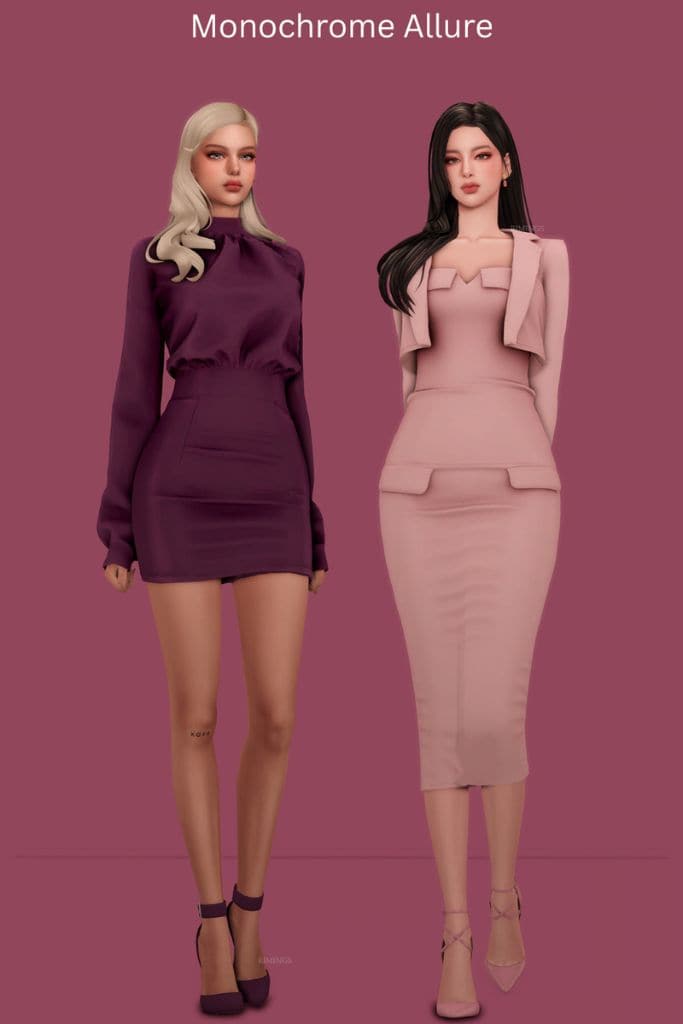 two female Sims wearing fitted, sophisticated outfits