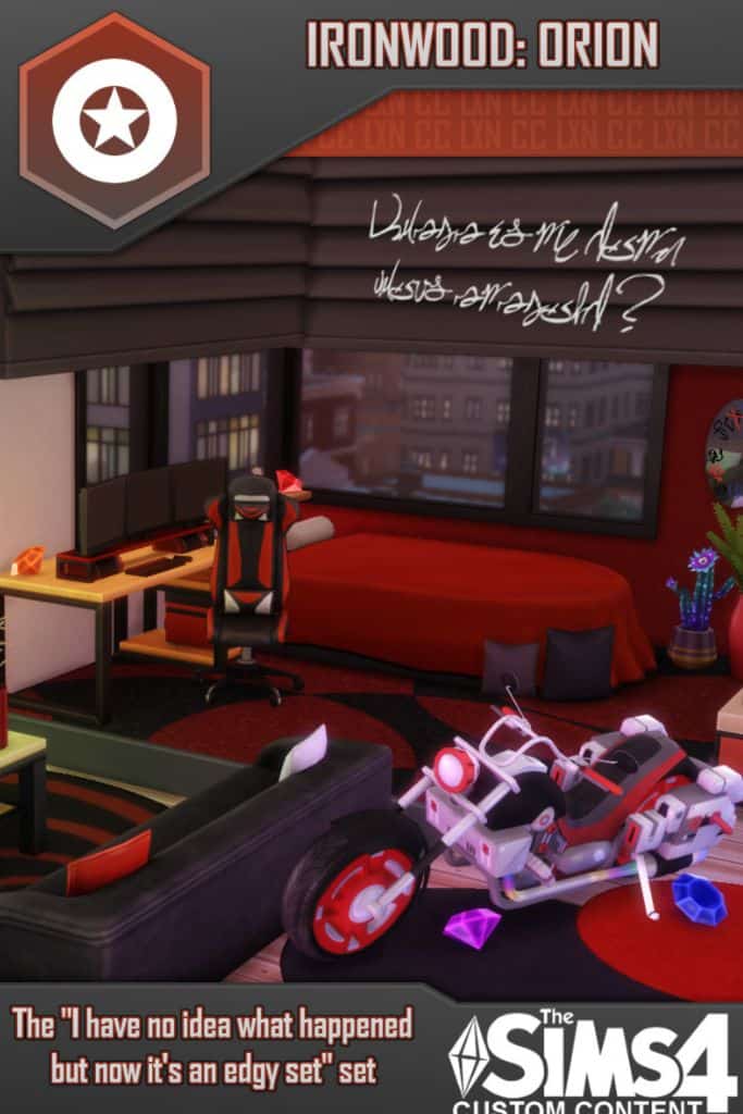 a black and red color bedroom with a bed, computer desk and gaming chair, sofa, rugs, colorful crystal decor, plants, and a motorcycle
