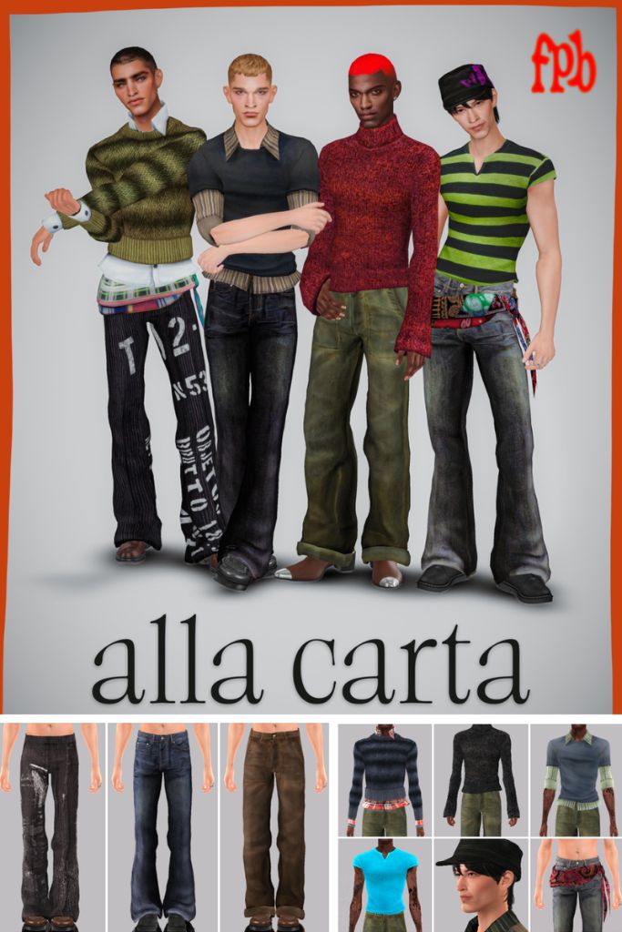 four male Sims dressed in Y2K alternative fashion
