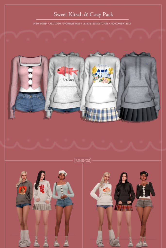 female Sis wearing sweaters and hoodie with fun graphics and bottoms