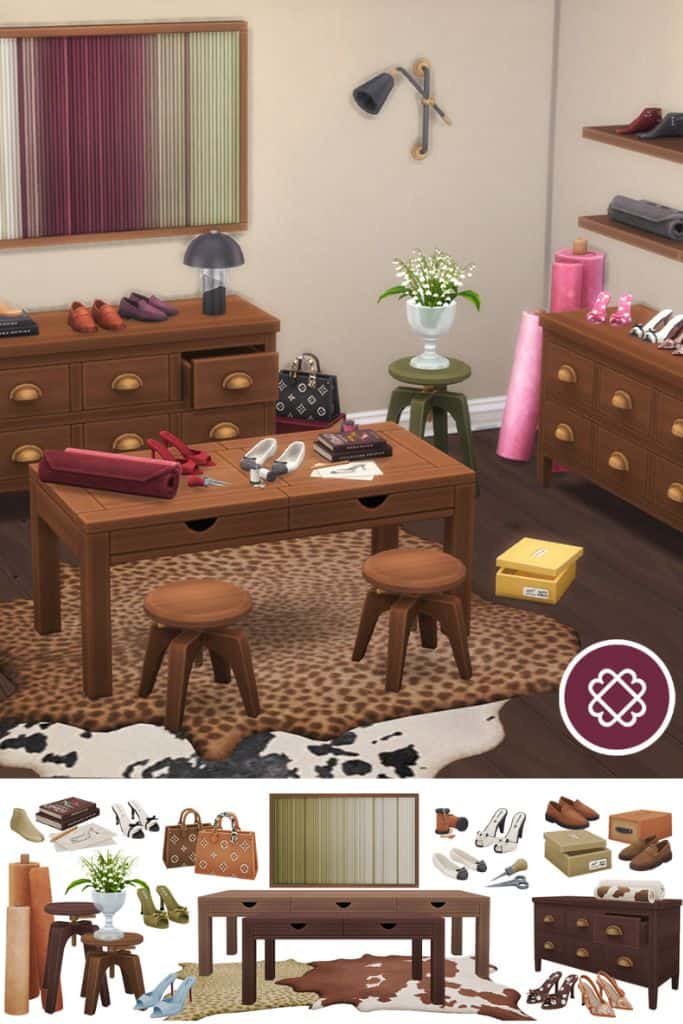 wooden desk, stools, shoes, yarn, and shoes