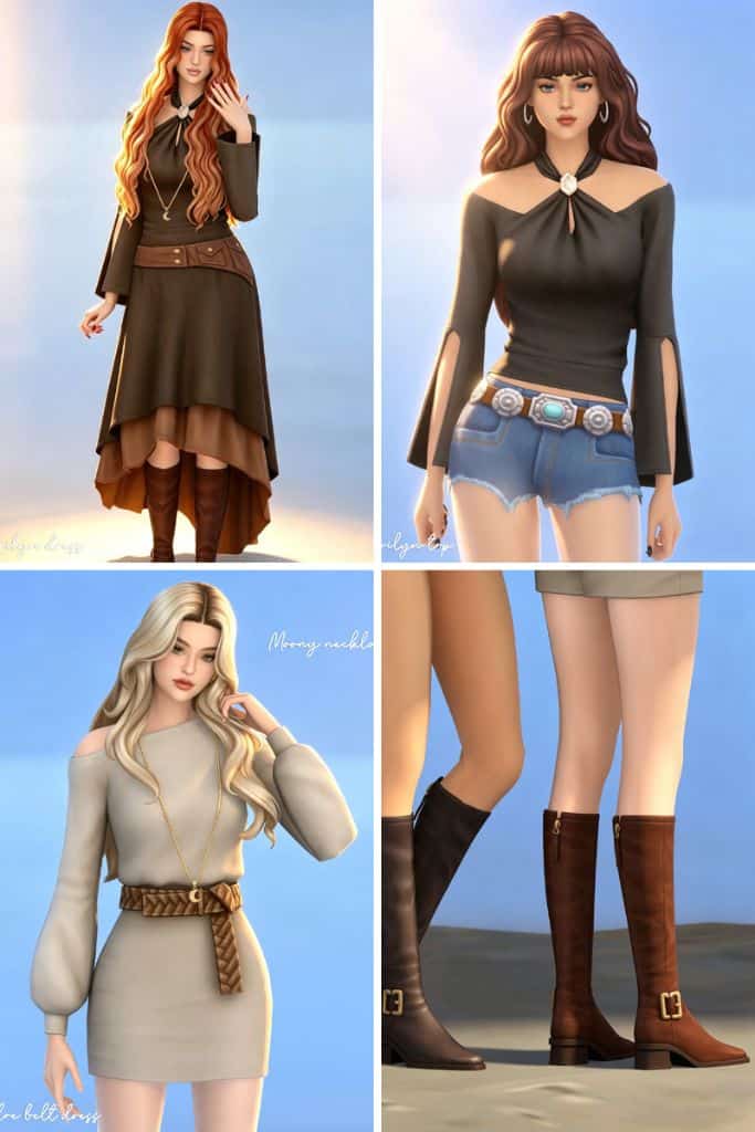 collage of female Sims wearing Autumn-inspired outfits with boots