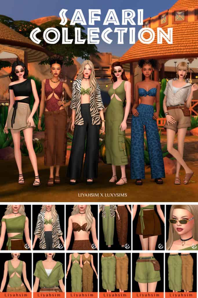 six female Sims wearing Safari-inspired outfits