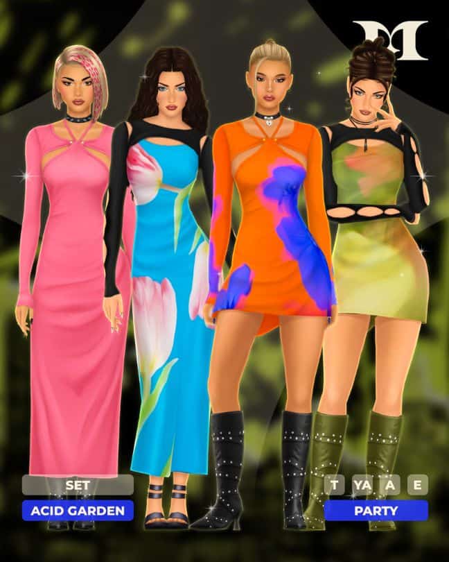 four female Sims wearing colorful dresses and studded boots