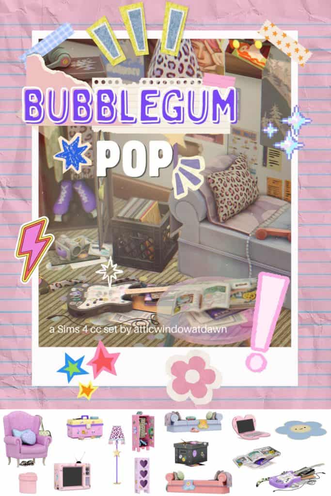 collage of early 2000s furniture and decor in pink and purple shades