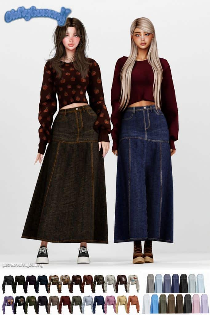 two female Sims wearing long-sleeve tees with long jeans skirts