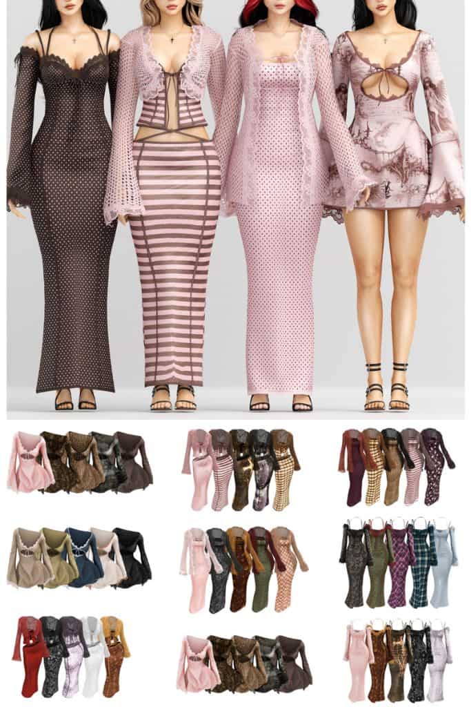 four female Sims wearing mini and long dresses with lace details