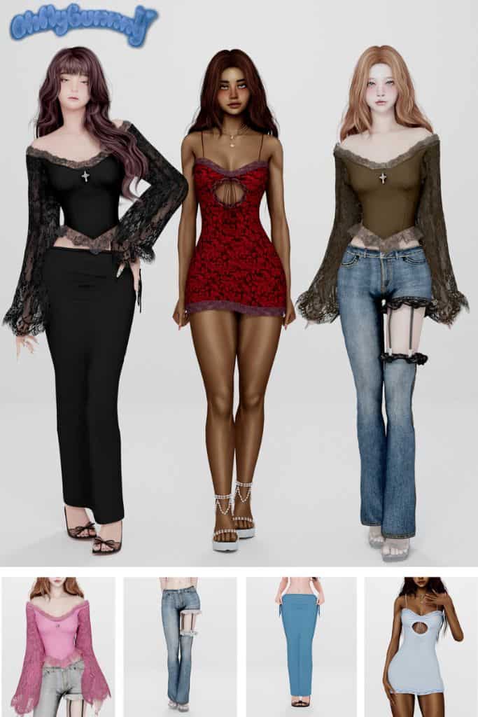 three female Sim wearing outfits with dark lace details