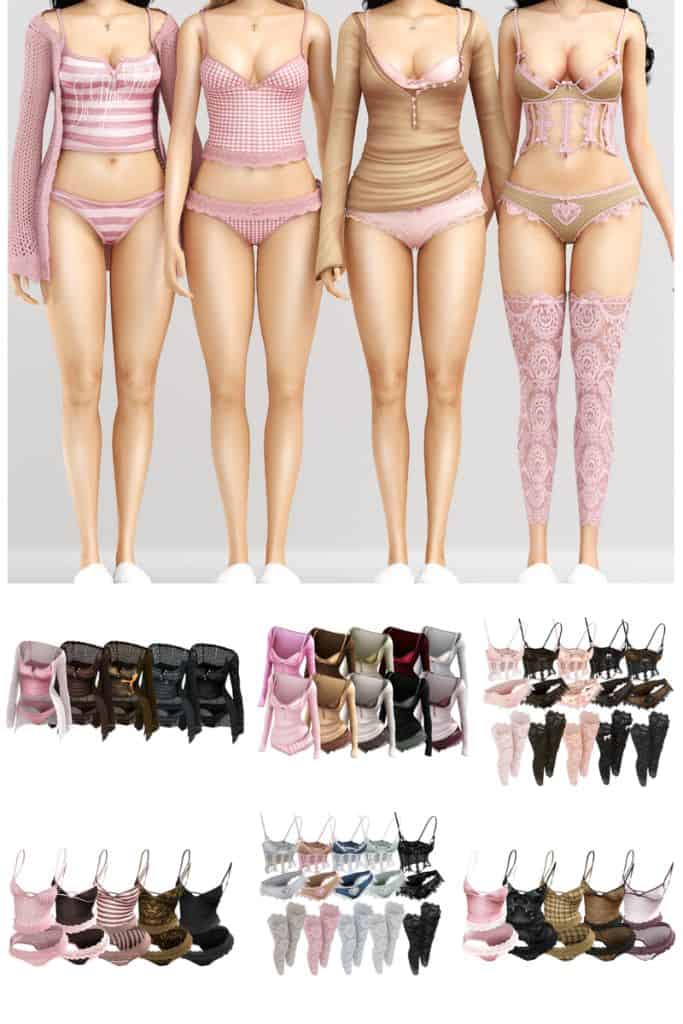 female Sims wearing pink and beige sleepwear sets