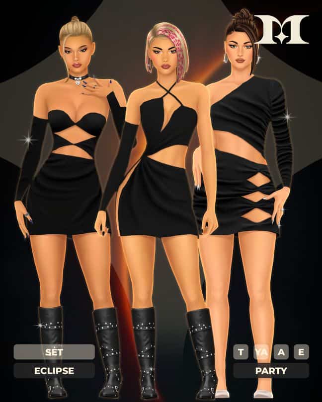three female Sims wearing black mini dresses with cutouts