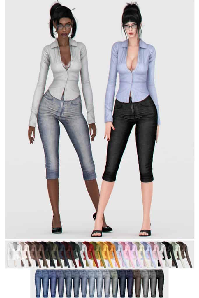 two female Sims wearing long-sleeve shirts and capri jeans