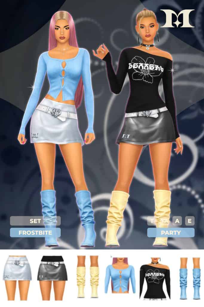 two female Sims wearing long sleeve tops, belted mini skirts and boots