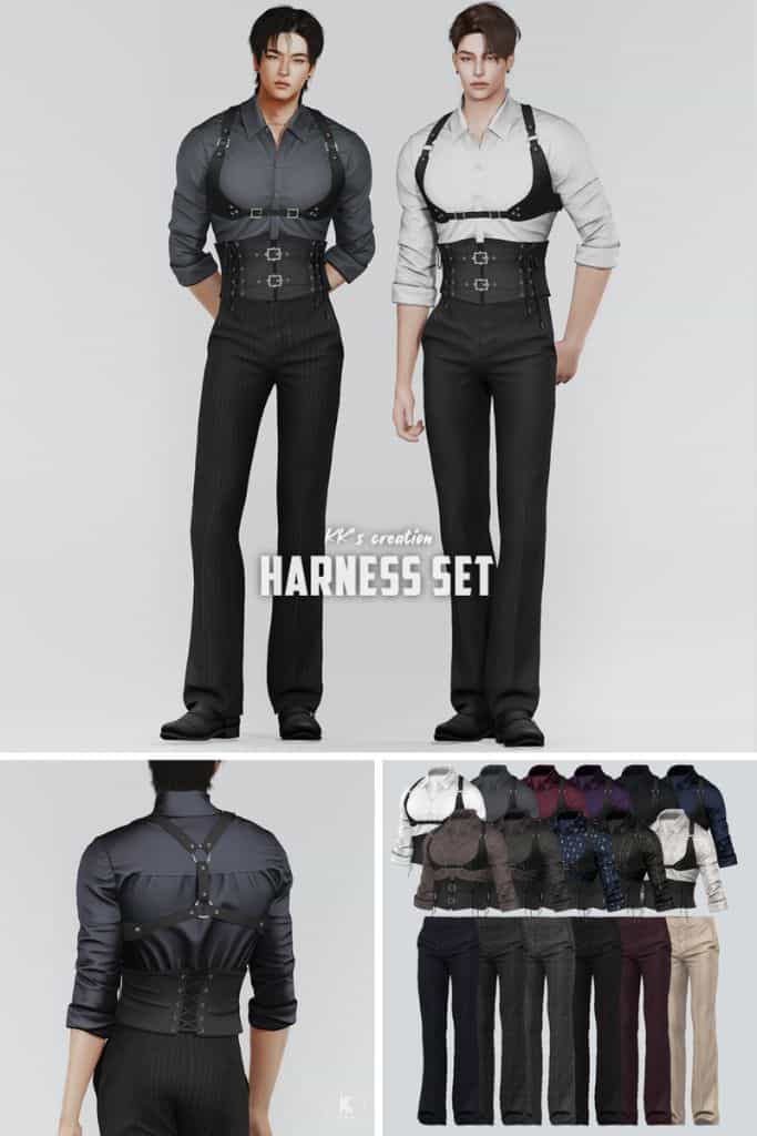 tow male Sims wearing shirts with harnesses on top and fitted pants