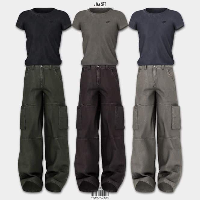collage of men's tees and belted cargo pants in different swatches