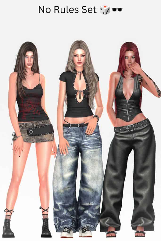 three female Sims dressed in dark Y2K alt outfits