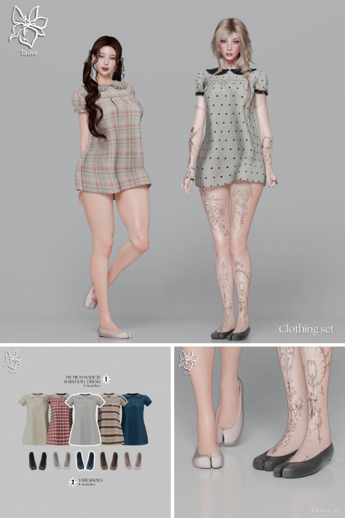 two female Sims wearing babydoll dresses and tabi shoes