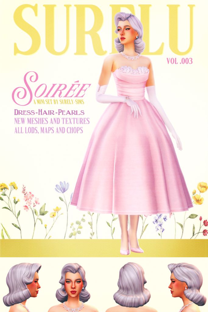 female Sim wearing a tea-length dress with a chic hairstyle and pearl jewelry