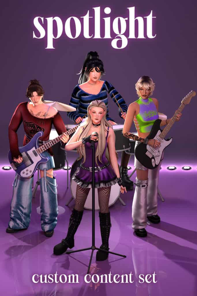 four female Sims band members styled in Y2K alternative and pop-punk outfits