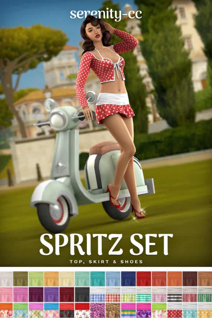 female Sim wearing a polka dot crop top, mini skirts and matching heels