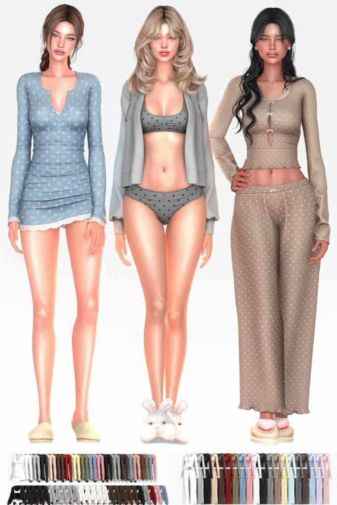 three female Sims wearing different styles of sleepwear sets