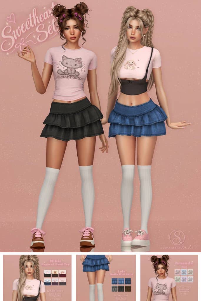 two female Sims wearing cute tees and a ruffle mini skirt