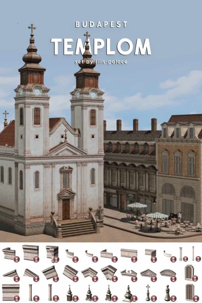 a stone church build with columns, pilasters, and roof decors