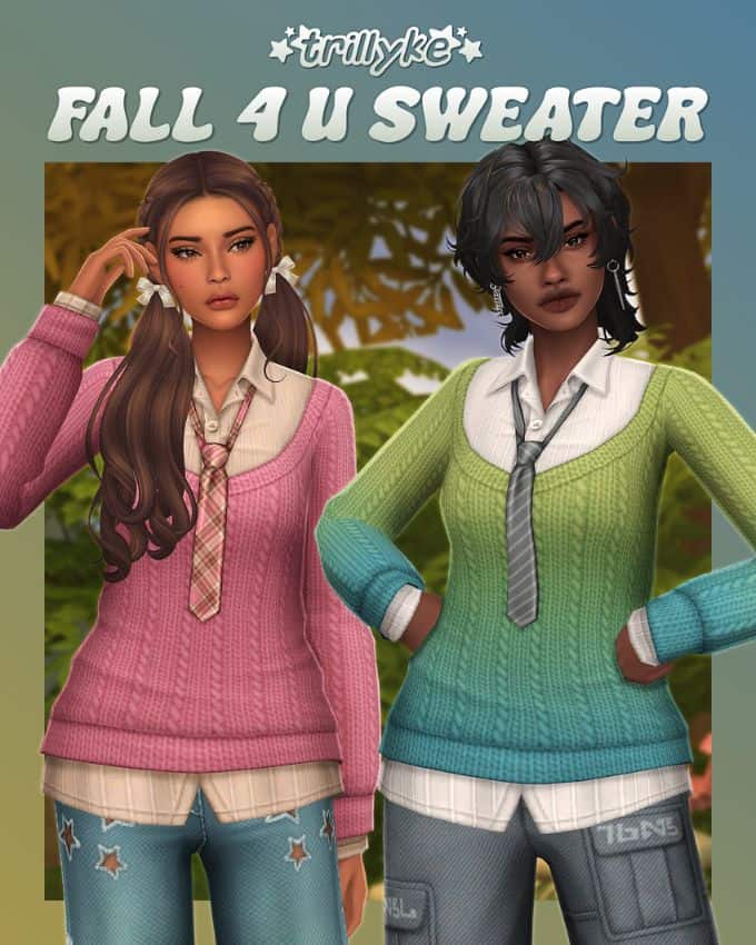 two female Sims wearing sweaters layered over shirts and with a tie